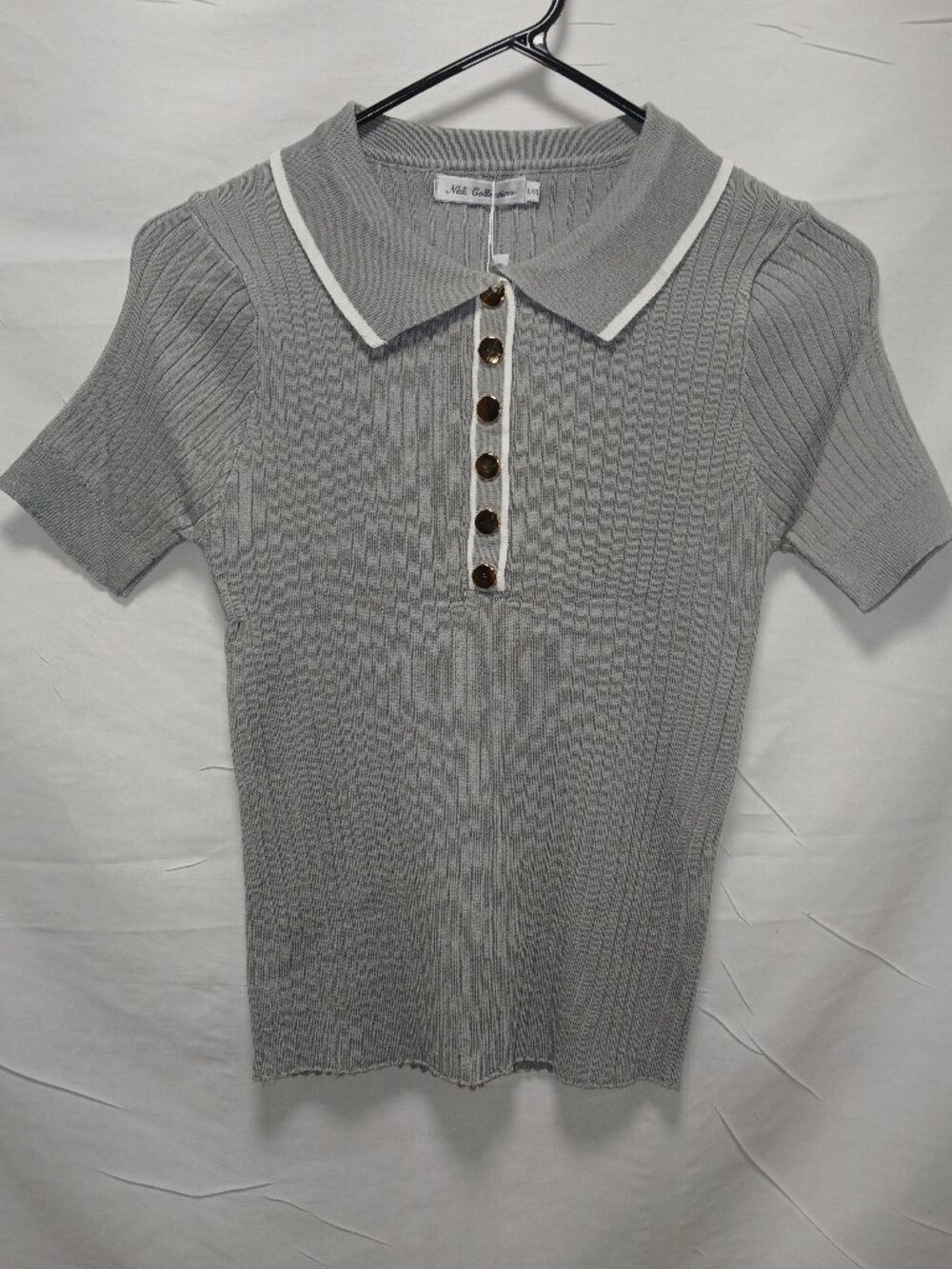 Nali Collection Ribbed Knit Button‑Front Top L/MXLGray White Trim